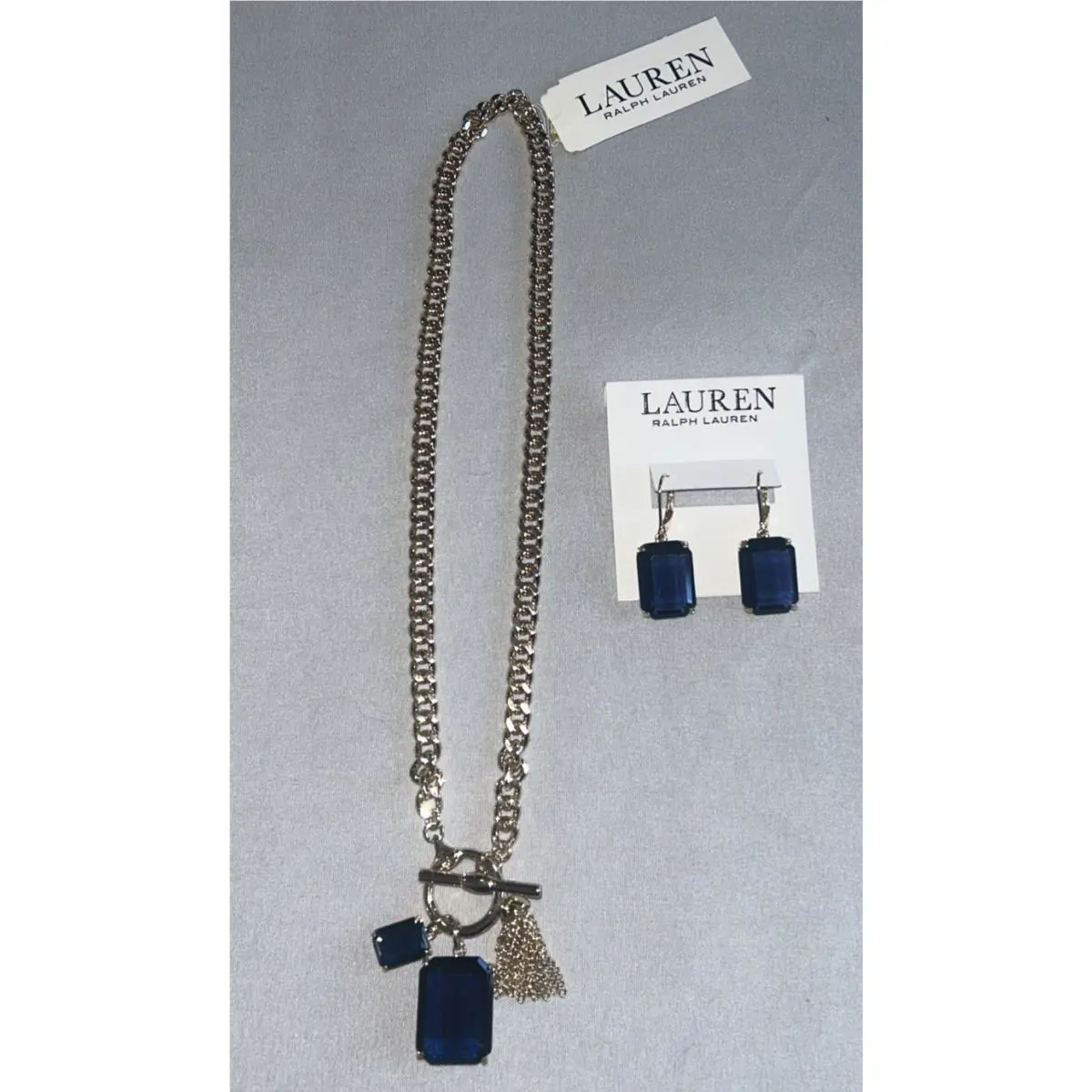 Lauren Ralph Lauren Blue Stone Light Gold Tassel Necklace w/ Matching Earrings