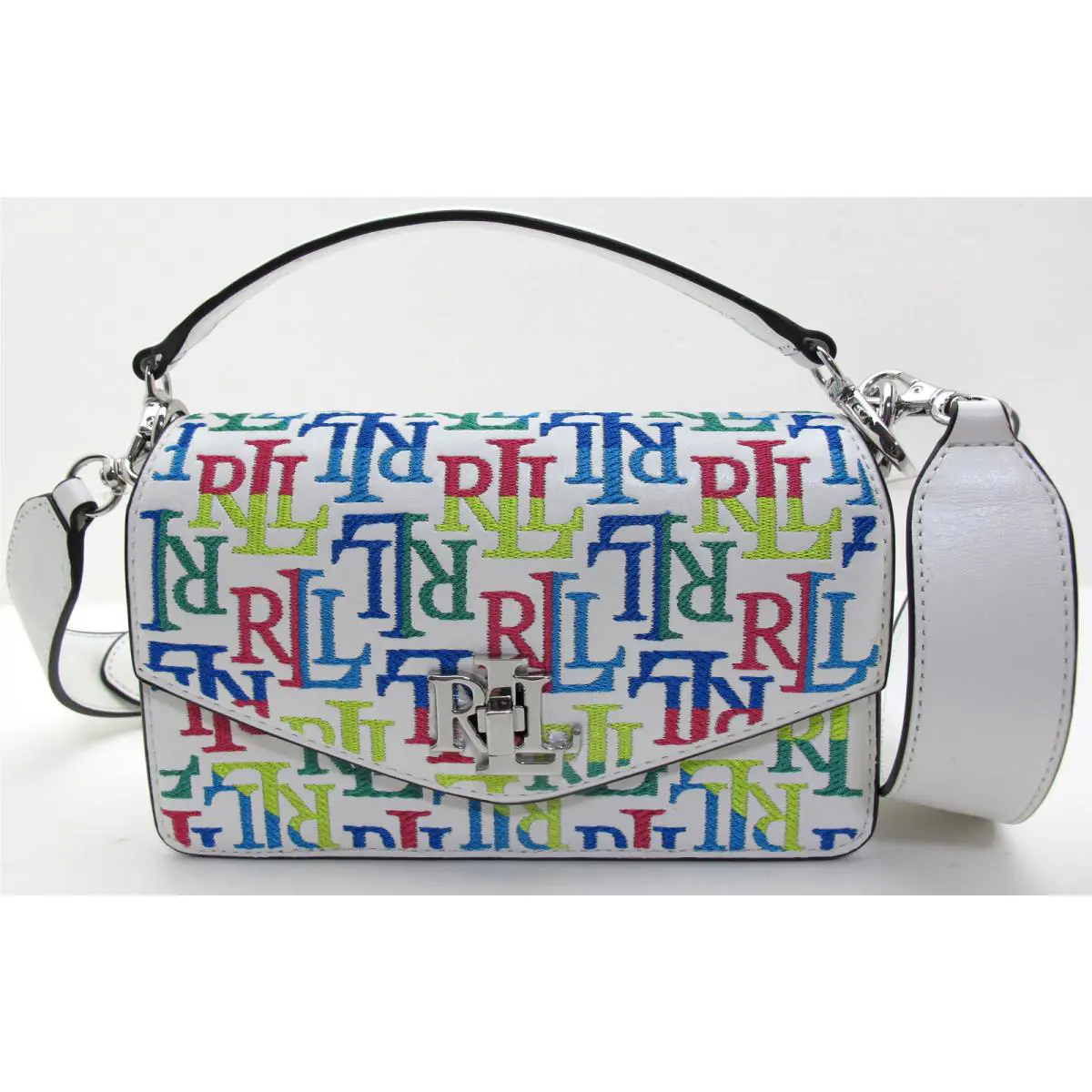 Ralph Lauren Summer RL Embroider All Over White Leather Top Handle Crossbody