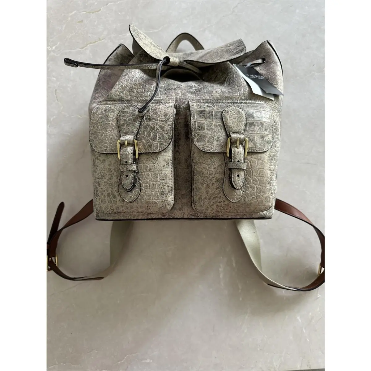 Ralph Lauren Leather Metallic Olive Bronze Backpack Bag