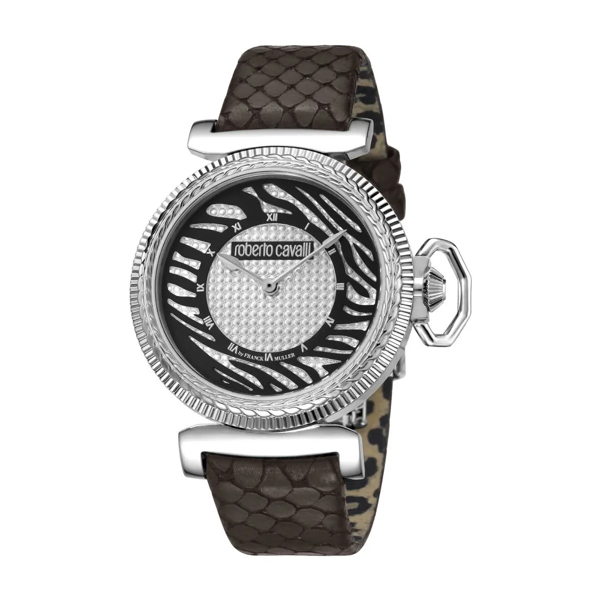 Roberto Cavalli Women`s RV1L056L0016 Silver Dial Brown Leather Wristwatch - Dial: Silver with black animal pattern, Band: Brown