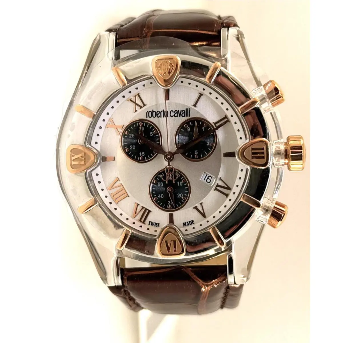 Roberto Cavalli R725161015 Diamond Time Men`s Chronograph Brown Alligator Watch