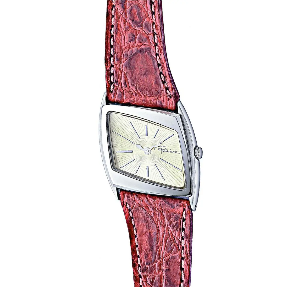 Roberto Cavalli R7251175535 Silver Tone Red Crocodile Leather Strap Womens Watch - Dial: Silver, Band: Silver, Red