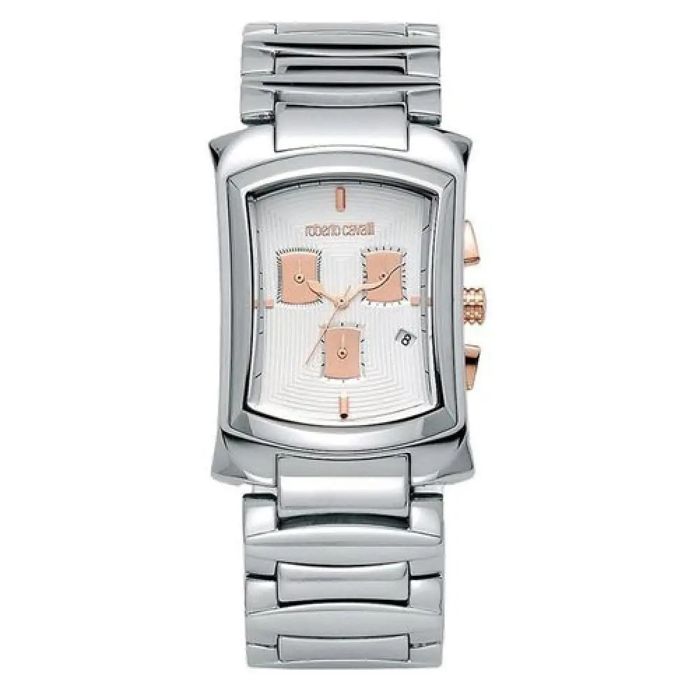Roberto Cavalli R7253900015 Tomahawk Chronograph Silver Tone Men`s Watch - Dial: White, Band: Silver, Bezel: Silver