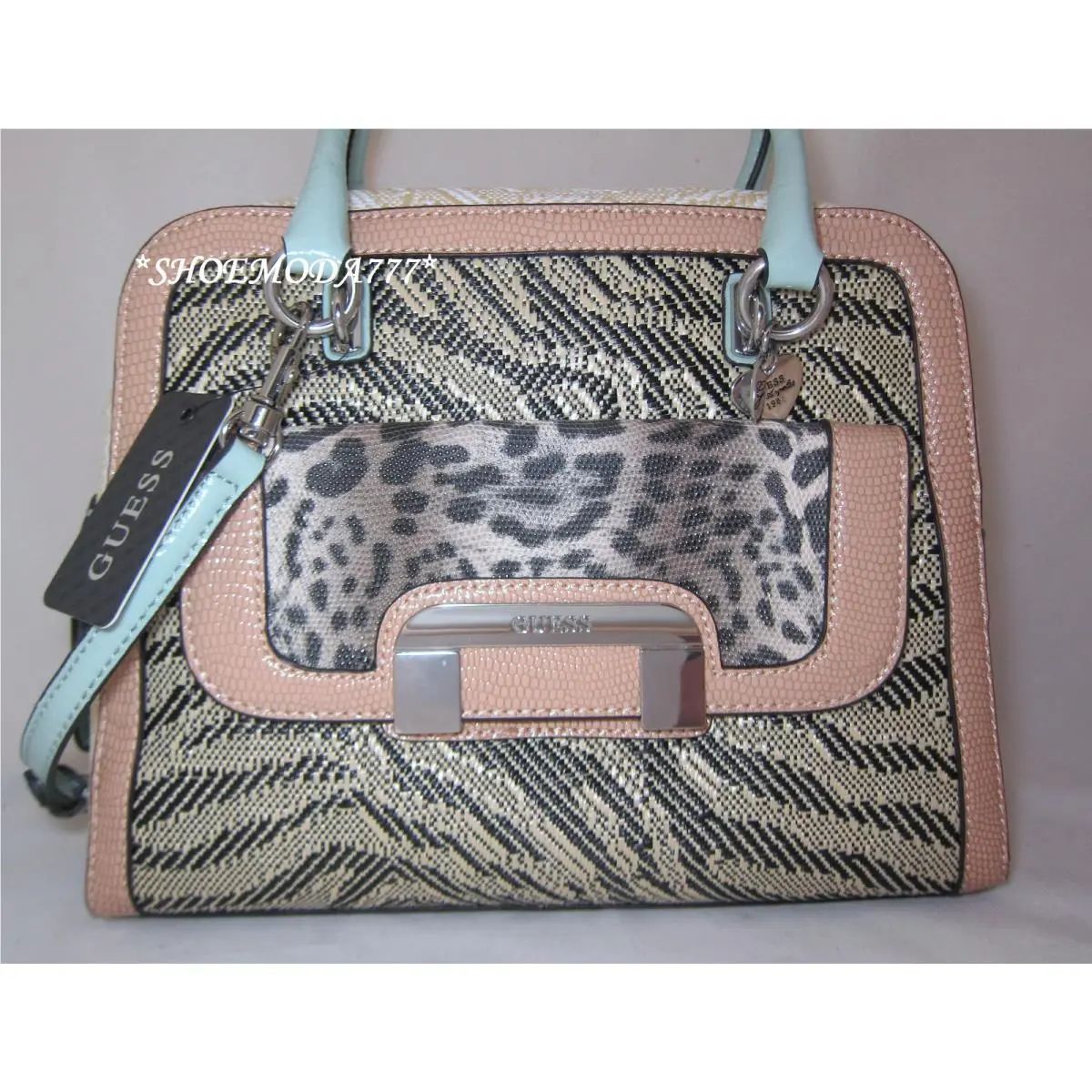 Guess Carlow Box Satchel Bag Purse Handbag Woven Straw Heart Logo Charm