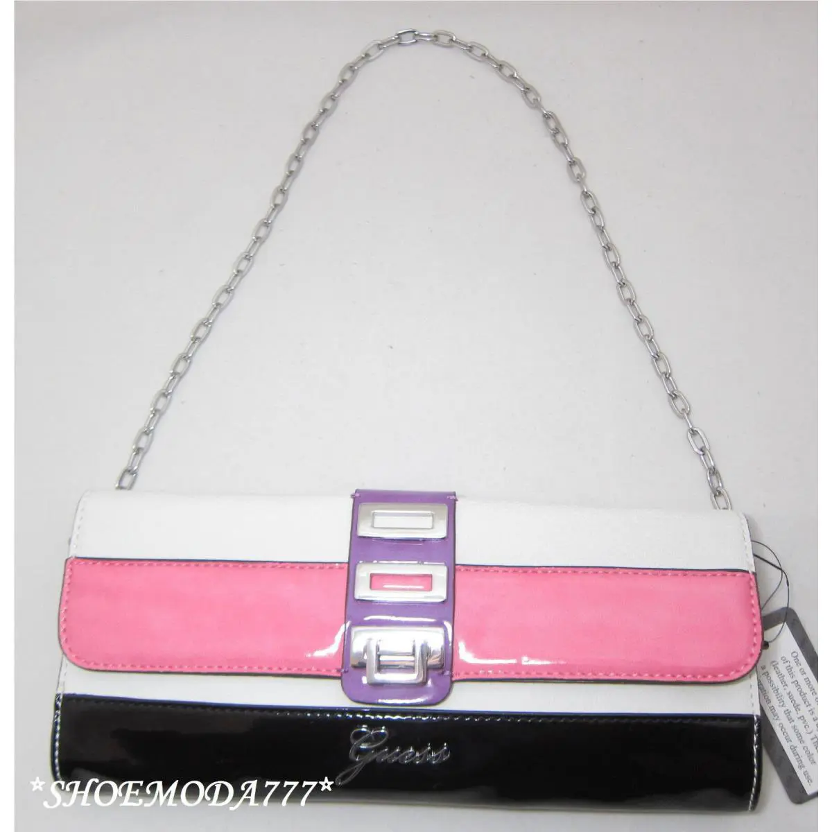 Guess Astrella Mini Bag Flap Purse Clutch Black Pink White Multi Patent Cha