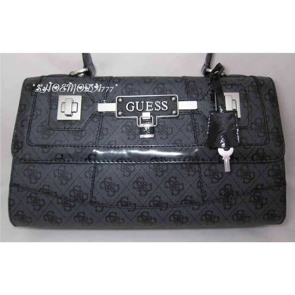 Reveal Flap Satchel Box Bag Purse Coated Signature G Canvas Lock Key Blacks by Guess