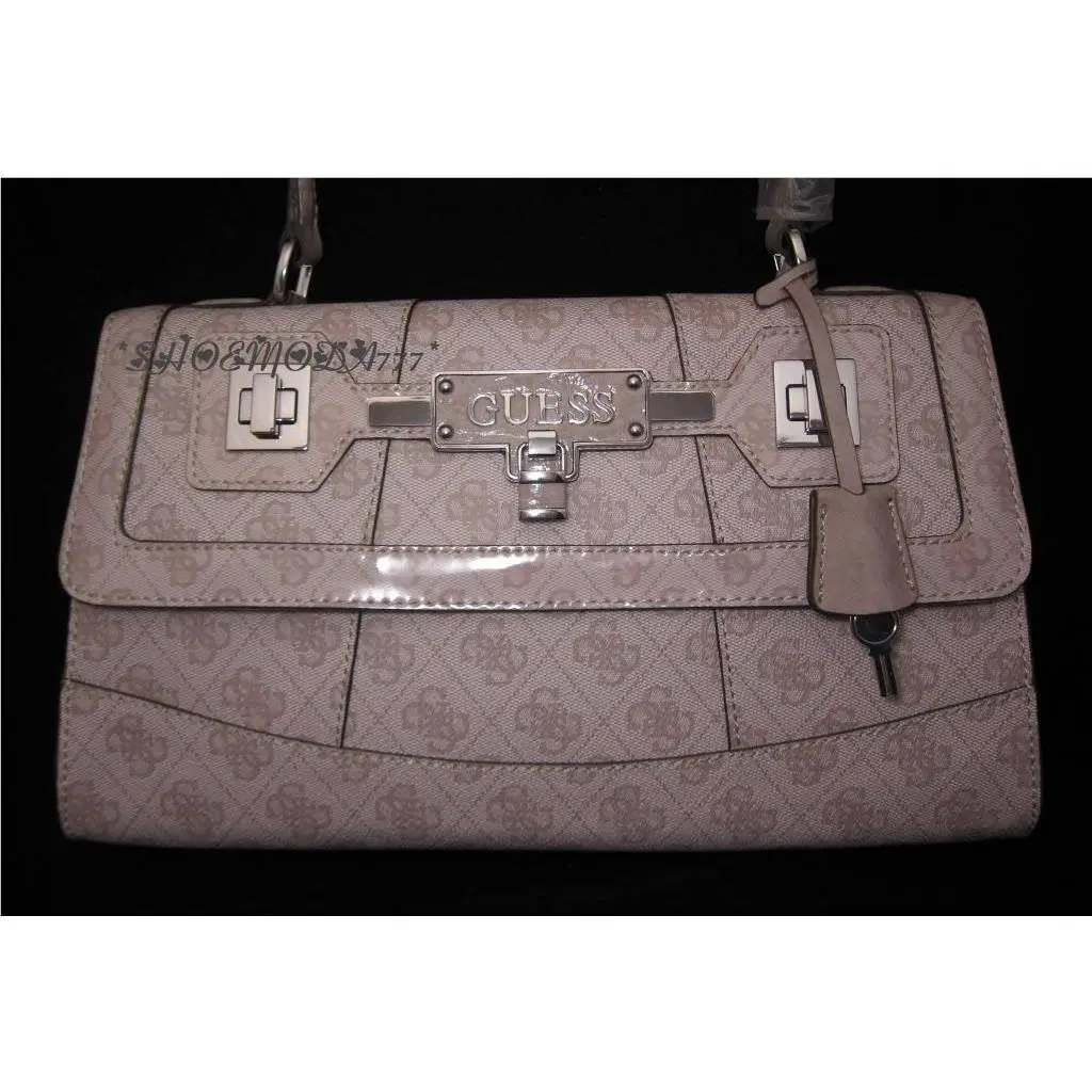 Reveal Flap Satchel Box Bag Purse Coated Signature G Canvas Lock Key Beiges by Guess