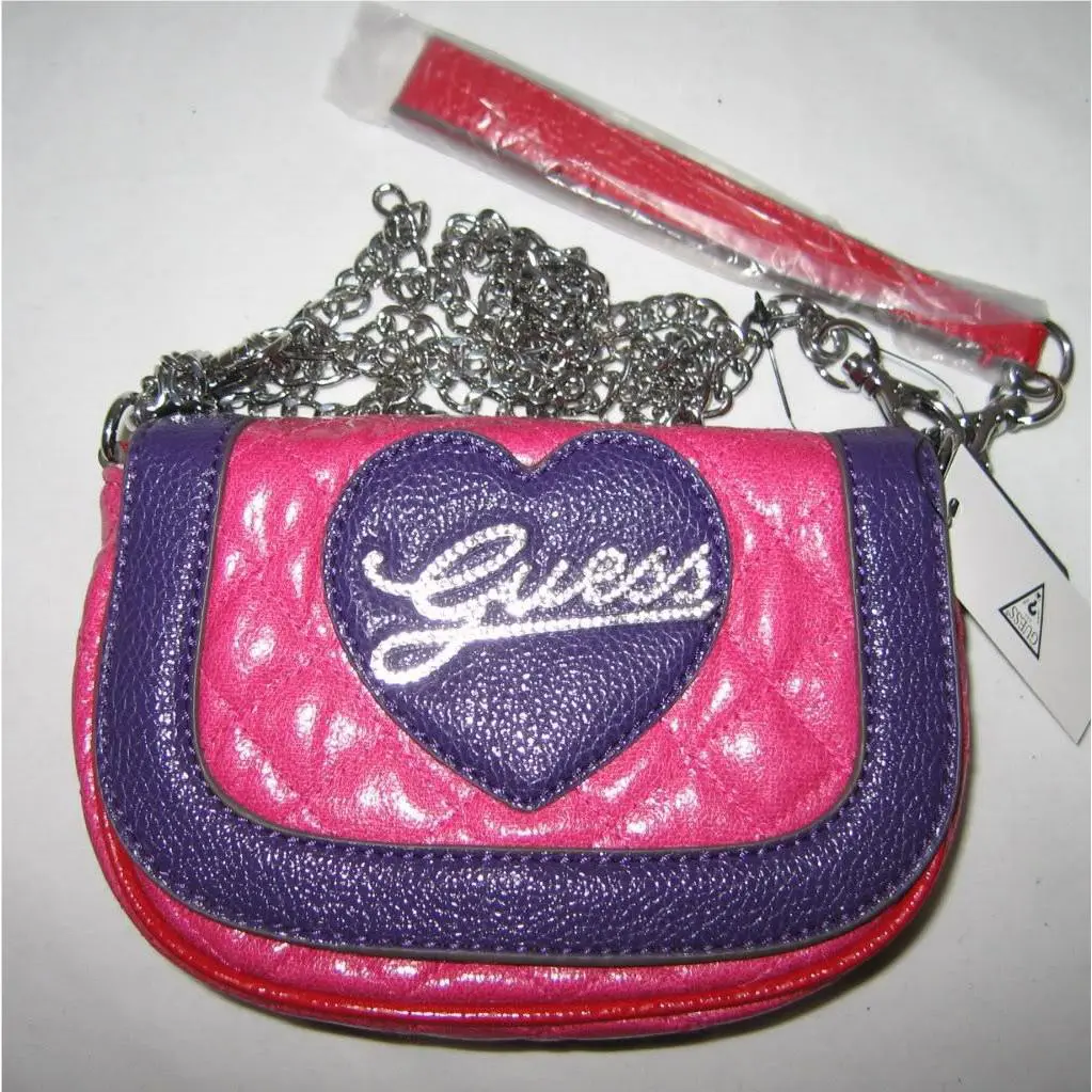 Guess Old School Messenger Mini Flap Belt Bag Purse Wristlet Rhinestones Heart