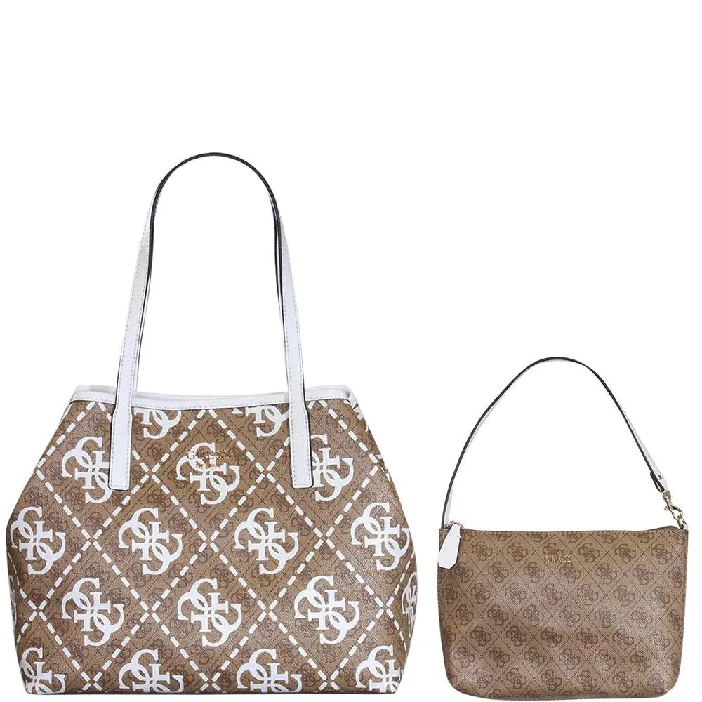 Women`s Vikky Tote Handbag 2-Piece Set with Convertible Pouch Latte Logo/White by Guess