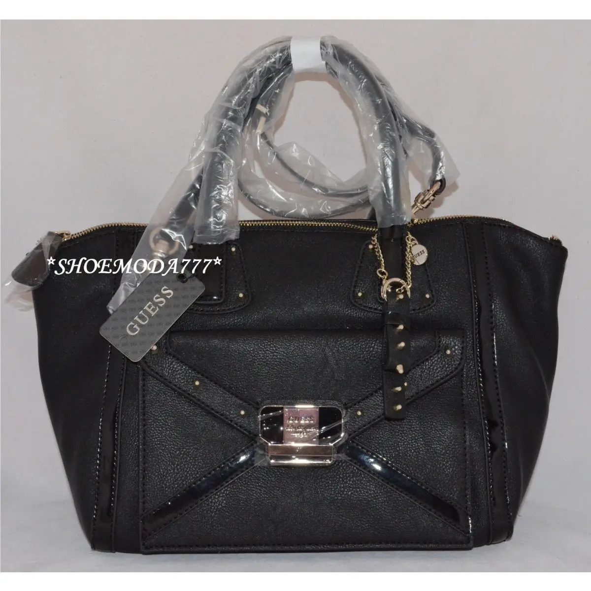 Chleo Shoulder Bag Purse Handbag Satchel Cognac Black White Multi Black by Guess