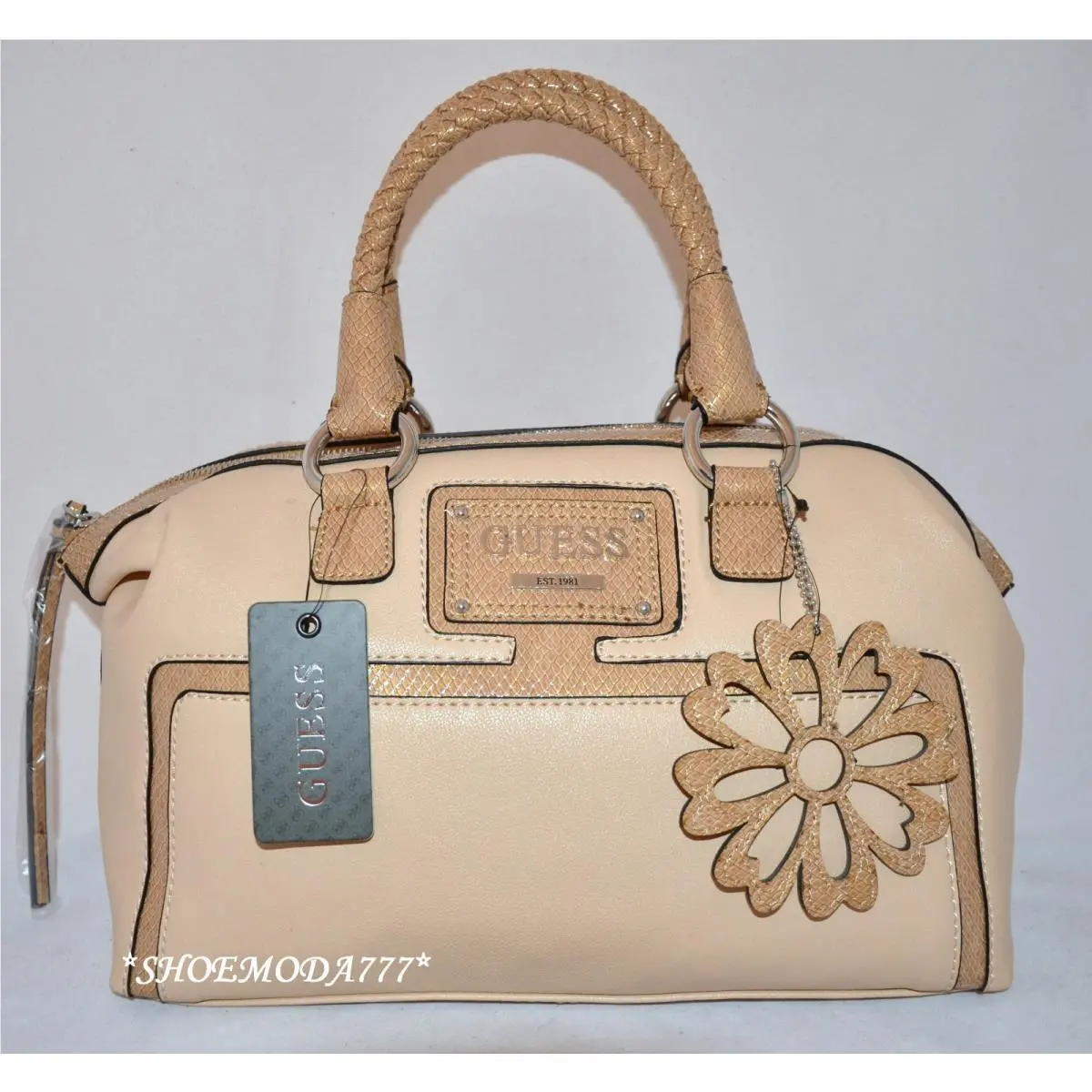 Honolulu Box Satchel Bag Purse Handbag Sac Flower Charm Black Beige Beige by Guess