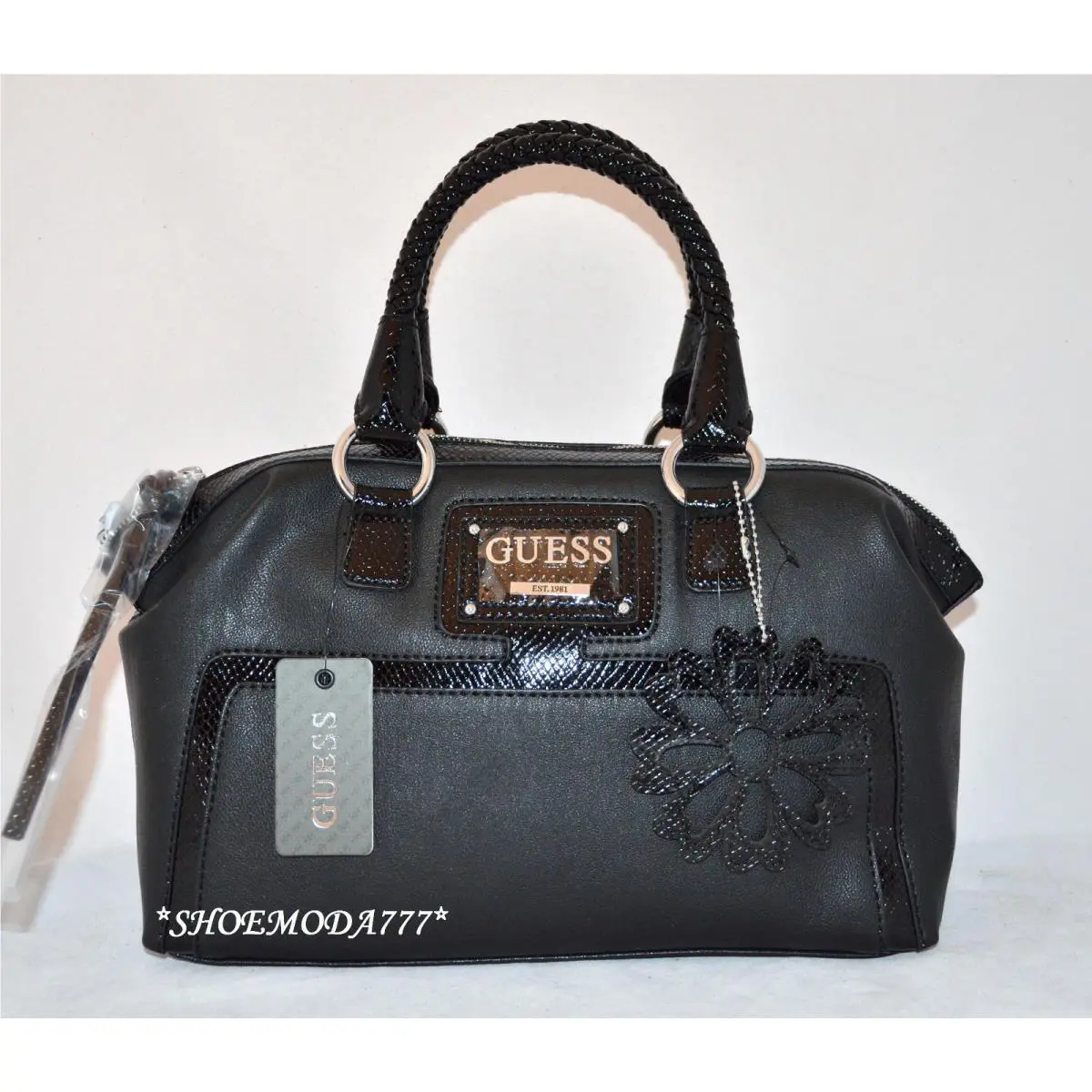 Honolulu Box Satchel Bag Purse Handbag Sac Flower Charm Black Beige Black by Guess