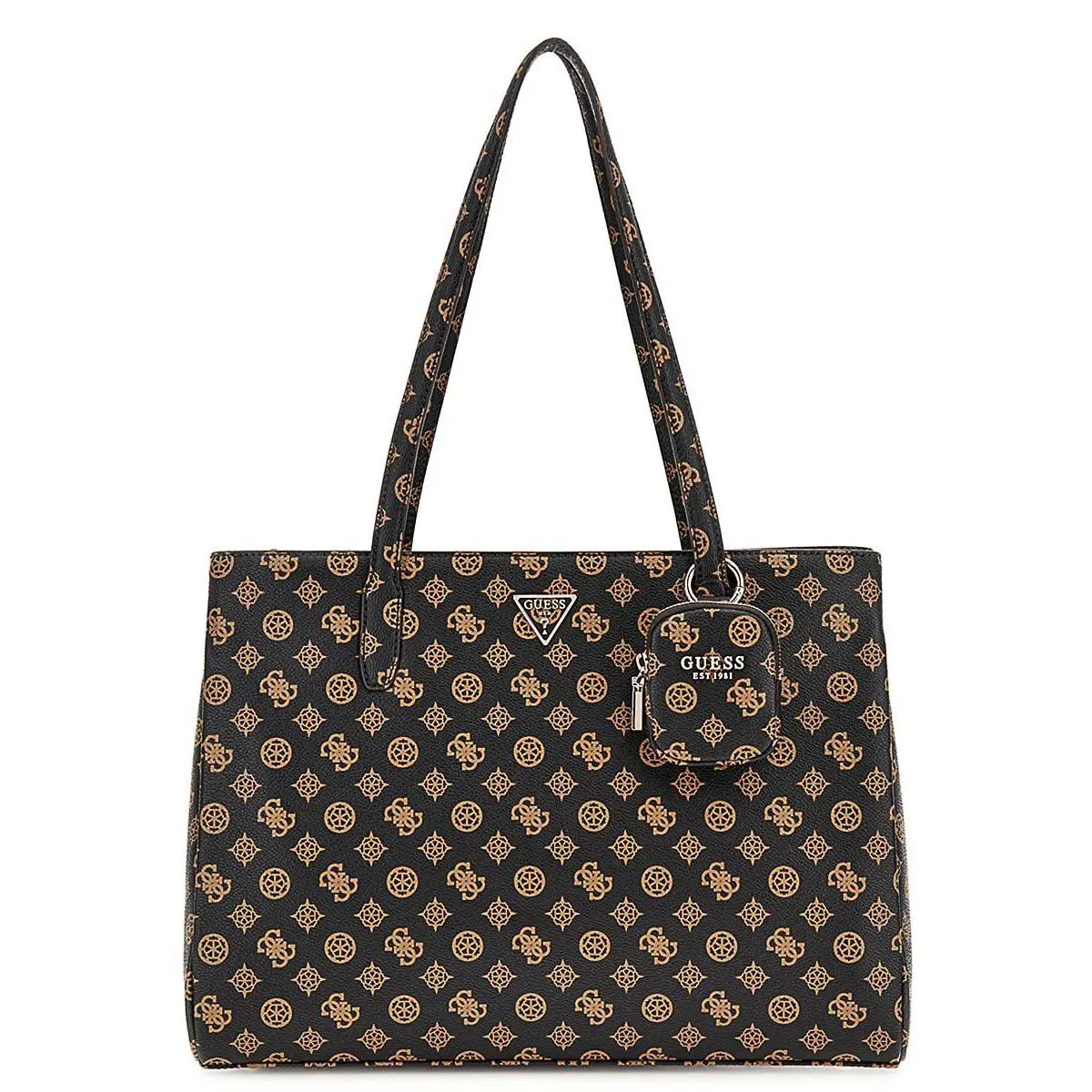 Guess Vegan Leather Power Play Tech Charm Tote Womens Bag In Moca