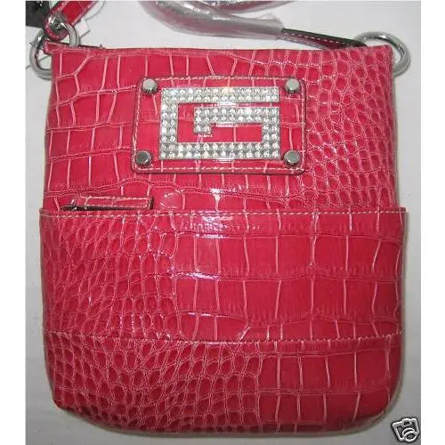 Chastity Patent Croco Rhinestones Messenger Bag Purse Sac Pink by Guess