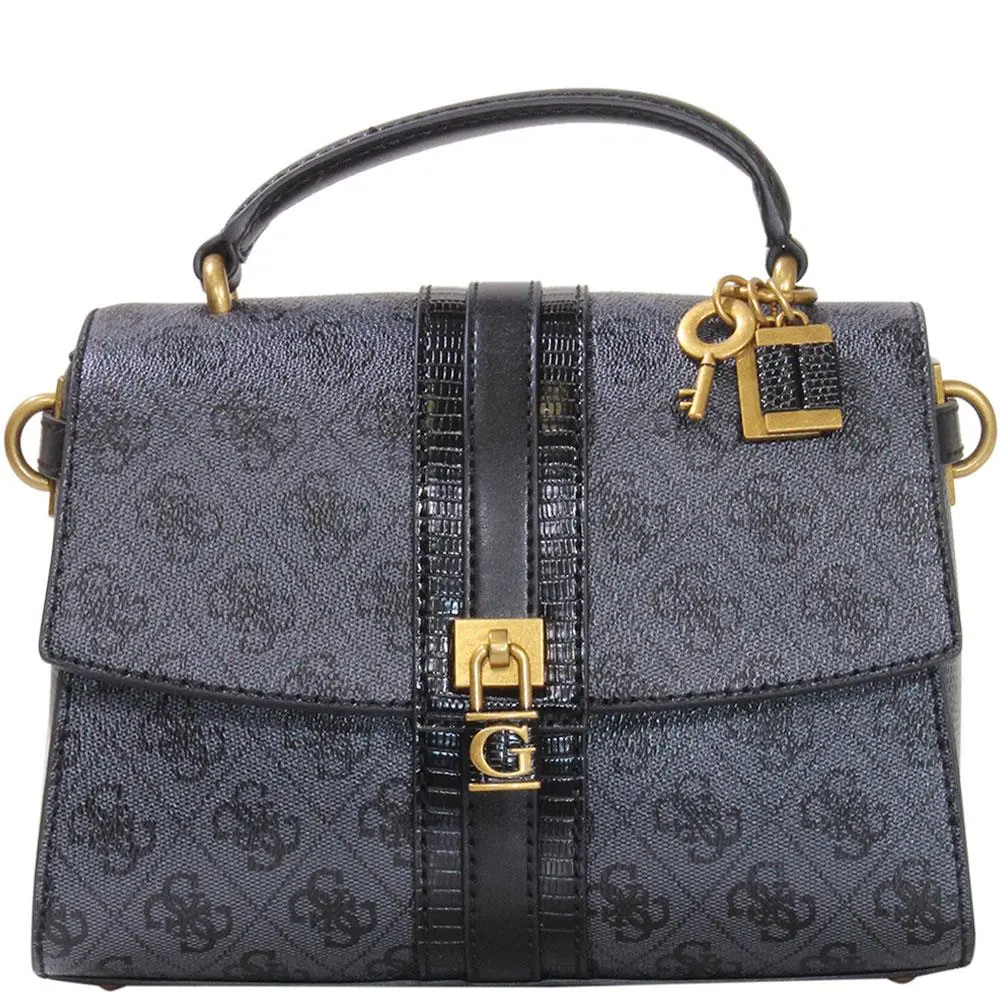 Women`s Ginevra Logo Handbag Top Handle Flap Crossbody Bag Coal Logo by Guess