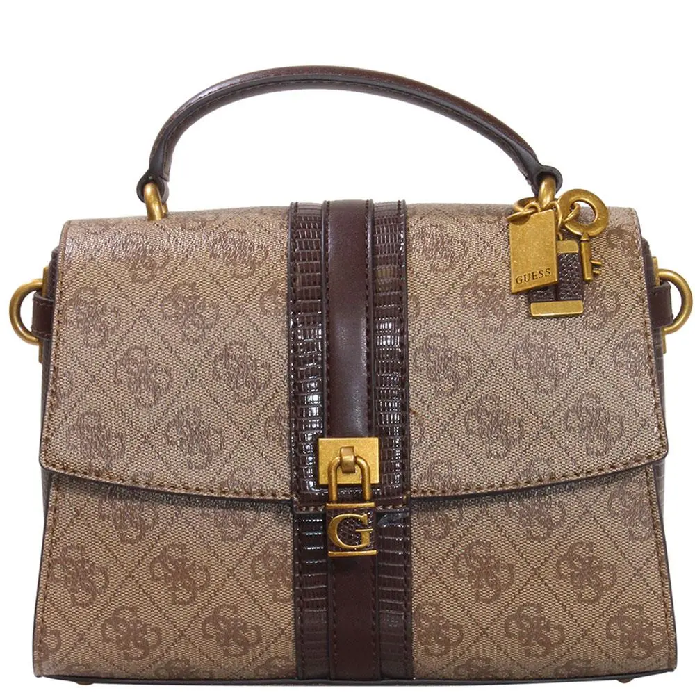 Women`s Ginevra Logo Handbag Top Handle Flap Crossbody Bag Latte Logo by Guess