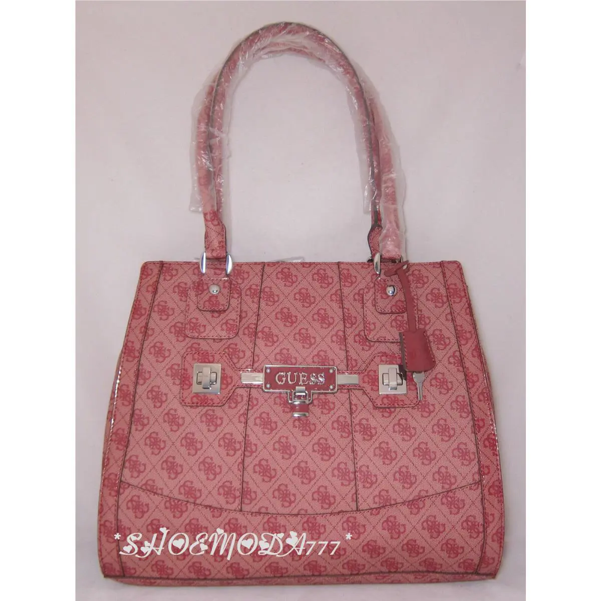 Guess Reveal Large Tote Business Bag Purse Coated Signature G Canvas Lock Key