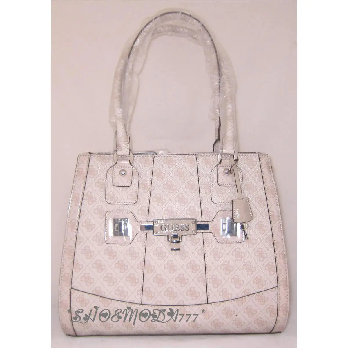 Reveal Large Tote Business Bag Purse Coated Signature G Canvas Lock Key Beiges by Guess