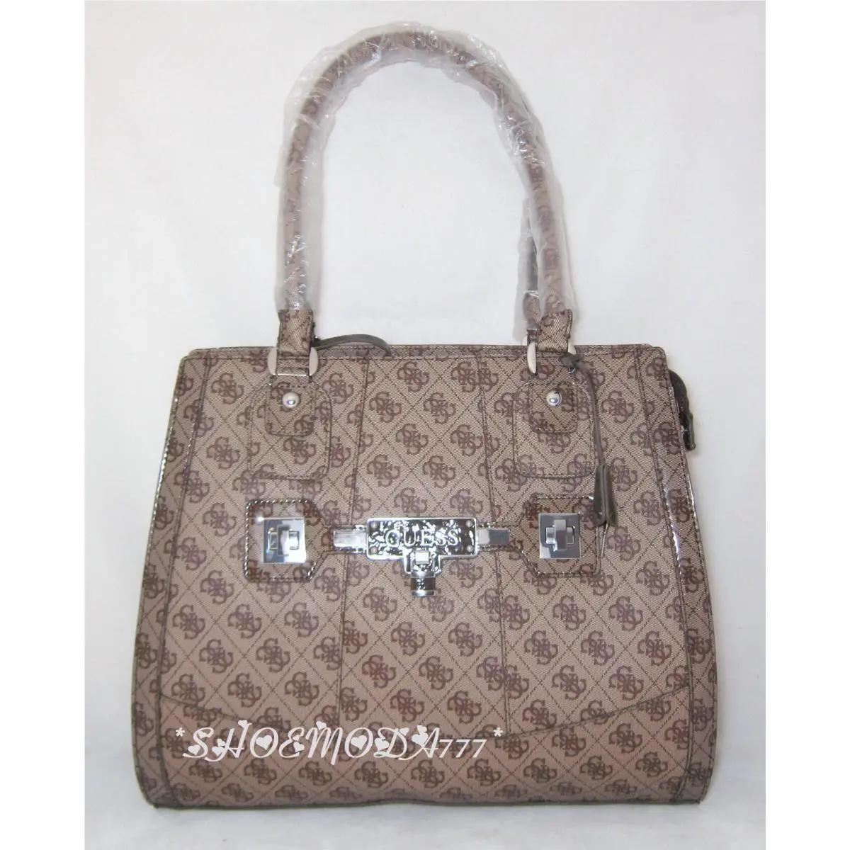 Reveal Large Tote Business Bag Purse Coated Signature G Canvas Lock Key Brown by Guess