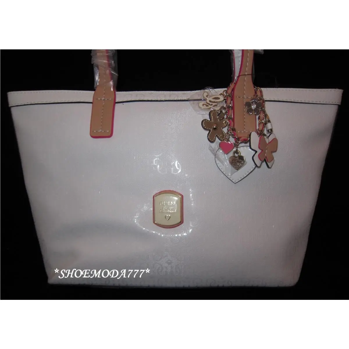 Guess Frosted Bag Pursetote Signature Logo Flower Lock Heart Charm