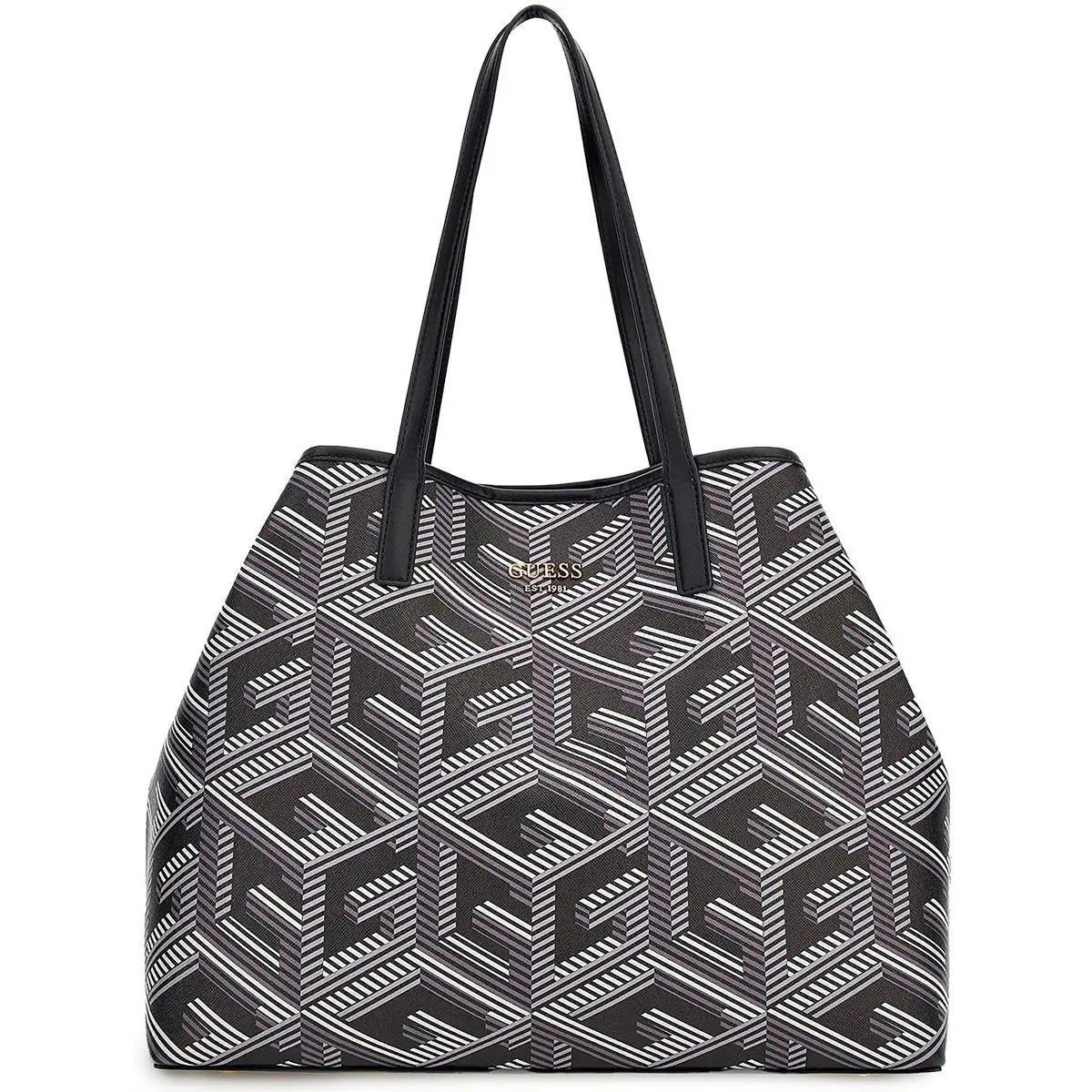 Guess Vikky G Cube Logo Shopper Hand Bag In Black Silver