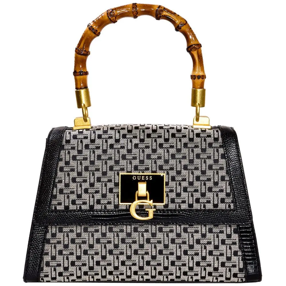 Women`s Stephi Handbag Bamboo Flap Satchel Black by Guess