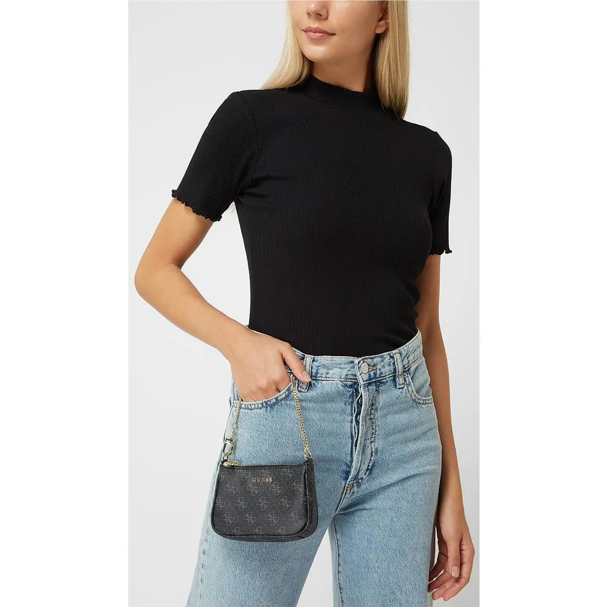 Guess Chain Zip Up Womens Daily Patch Vanity Case In Coal