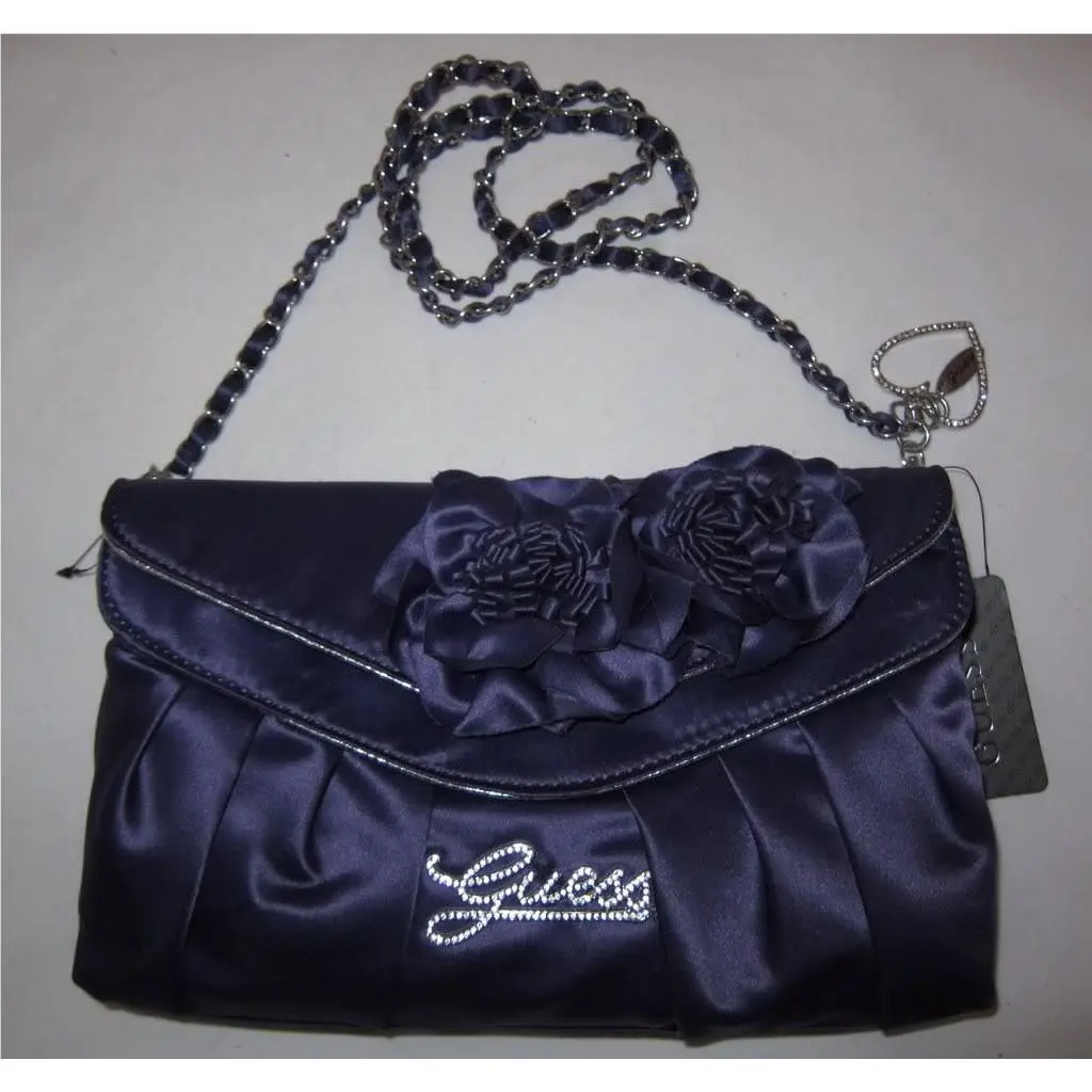Guess Preziosa Evening Bag Purse Flap Clutch Sac Chain Heart Charm Sat