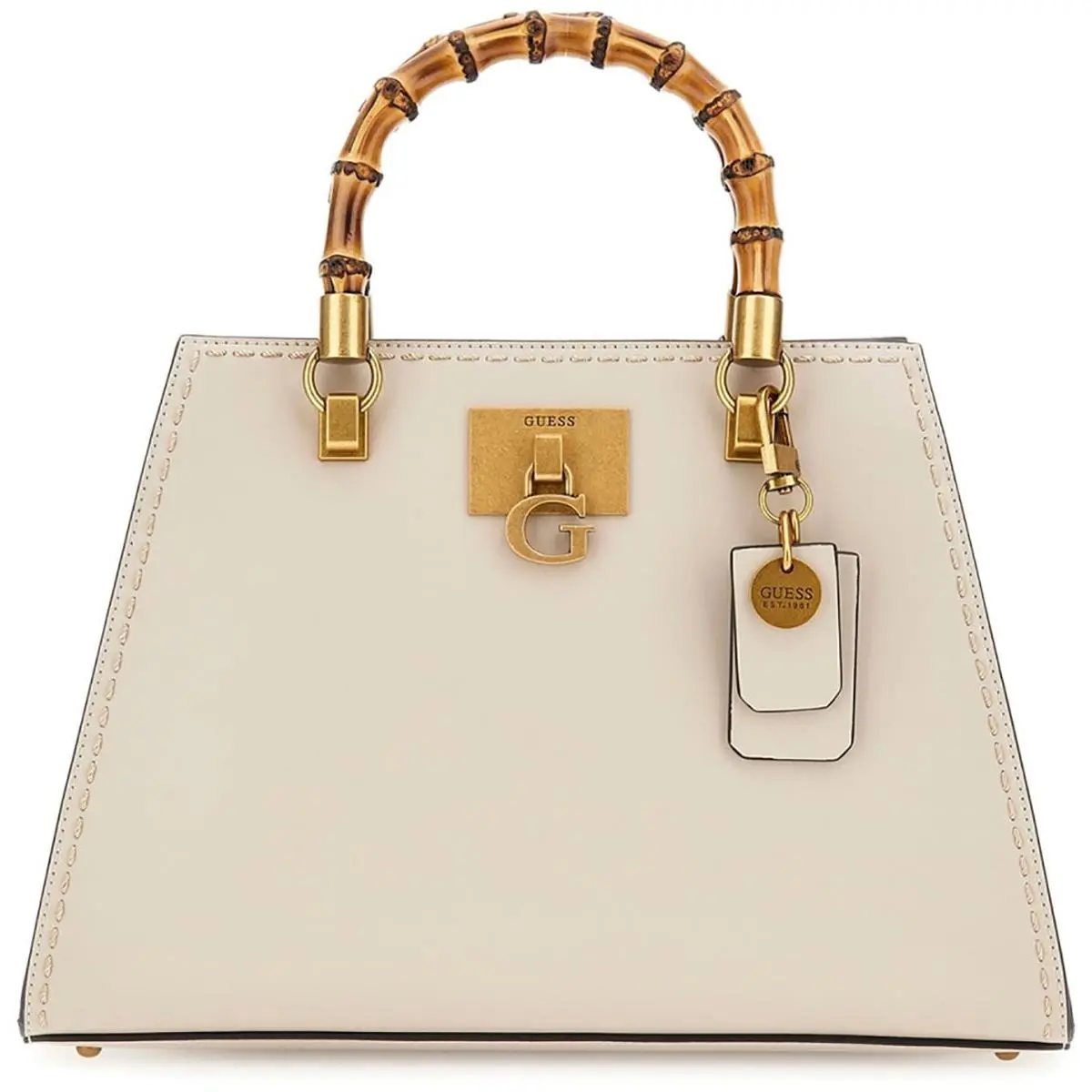 Guess Stephi Bamboo Tote Flap Handbag Womens Bag In Stone