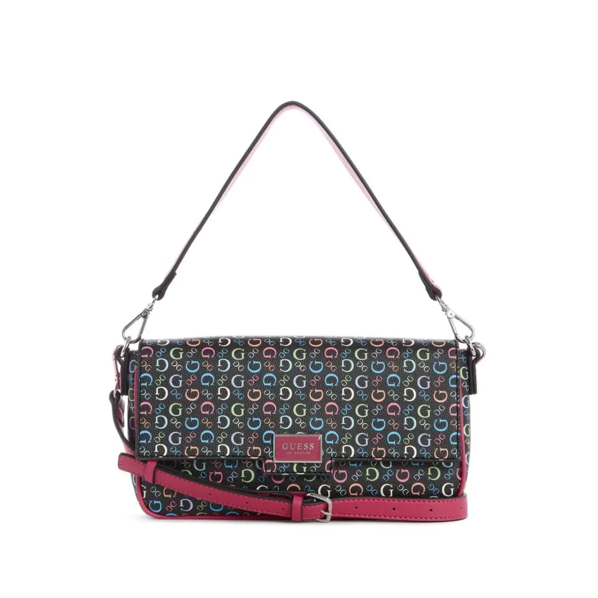 Guess Women`s Black Pink Rainbow Logo Convertible Crossbody Baguette Handbag