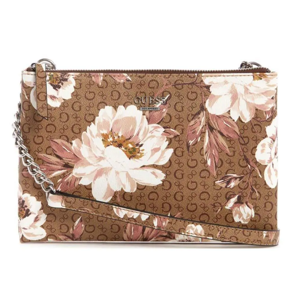 Guess Women`s Brown Logo Floral Print Double-zip Crossbody Bag Handbag Purse - Hardware: Gold, Exterior: Brown