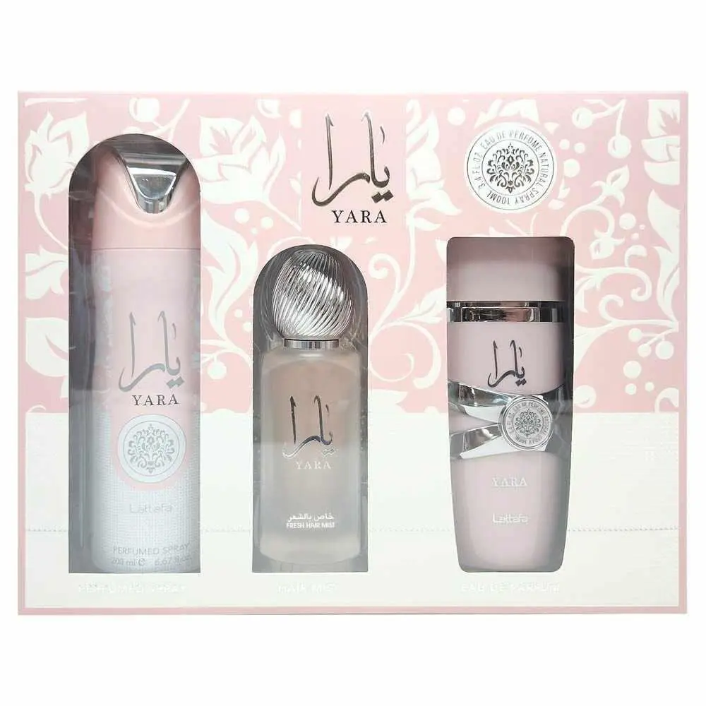 Yara 3 Pcs Gift Set with 3.4oz Edp Spray +6.7oz Deo + 1.7oz Hairmist by Lattafa