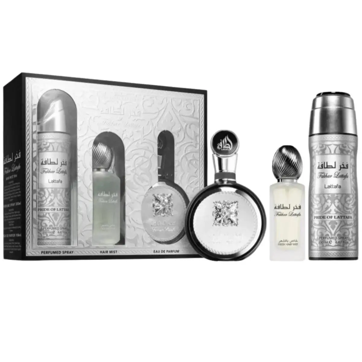 Fakhar by Lattafa 3.4oz Edp 6.67oz Perfumed Spray Hair Mist Giftset