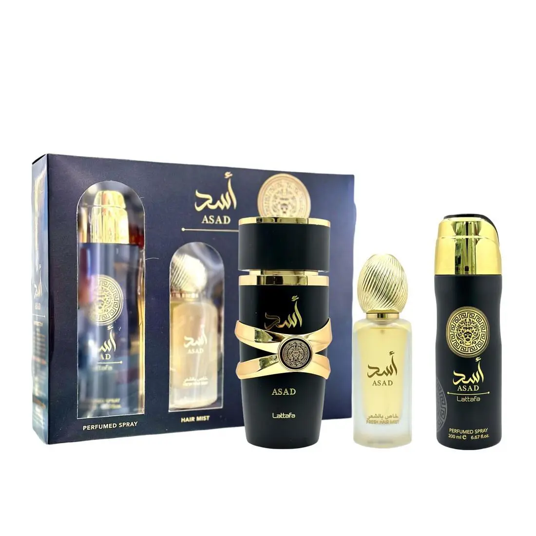 Asad Parfum By  Set 3.4 Edp + Hair Mist + Perfumed Body Spray by Lattafa