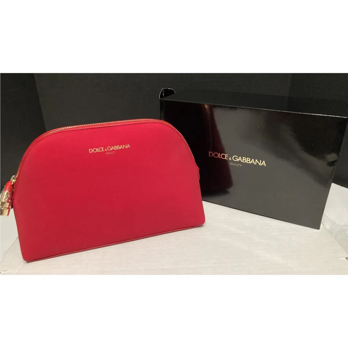 Dolce Gabbana Beauty Makeup Bag with Lipstick Charm Zipper Pull Red
