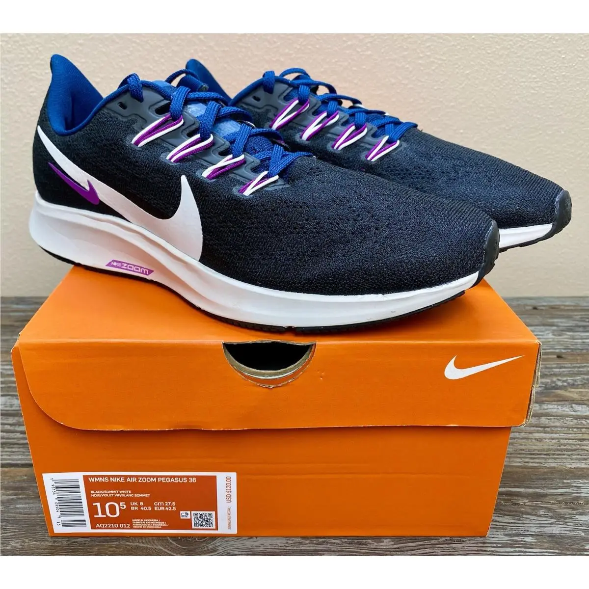 Nike Air Zoom Pegasus 36 Black White Running Shoes AQ2210-012 Women`s Size 10.5