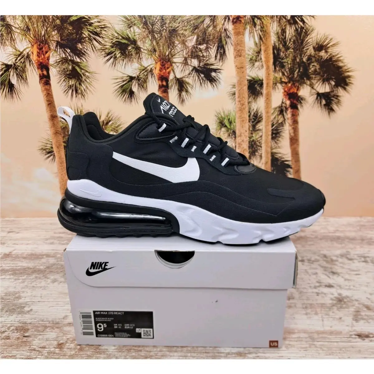 Air Max 270 React Black White Sneakers CI3866-004 Men`s Size 9.5 by Nike