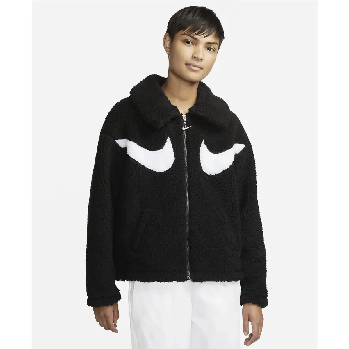 Swoosh Sherpa Jacket Black White DD5620-010 Women Sz M by Nike