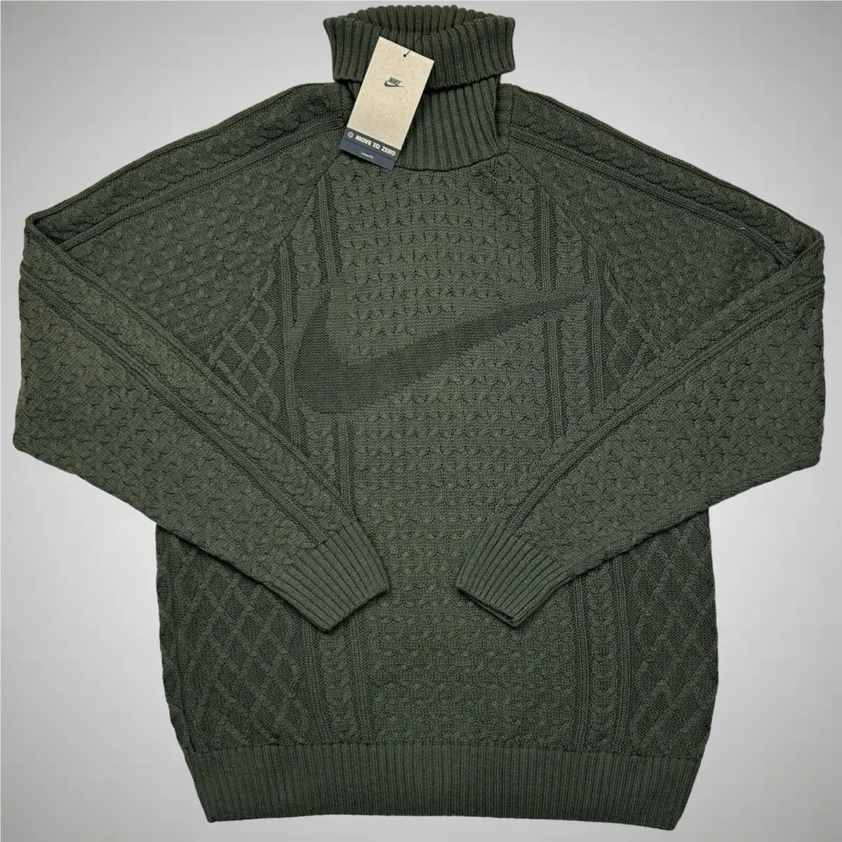 Nike Life Cable Knit Turtleneck Sweater Army Olive Green Men`s Small FB7770-325