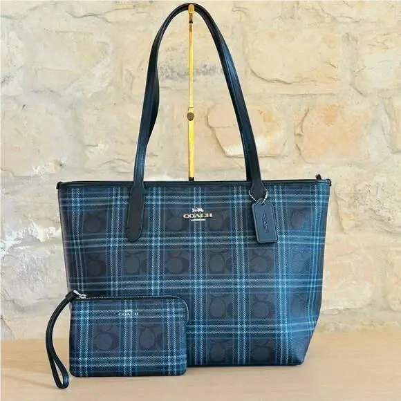 Coach Shirting Plaid Print Zip Top Tote In Signature Canvas Handbag+wristlet