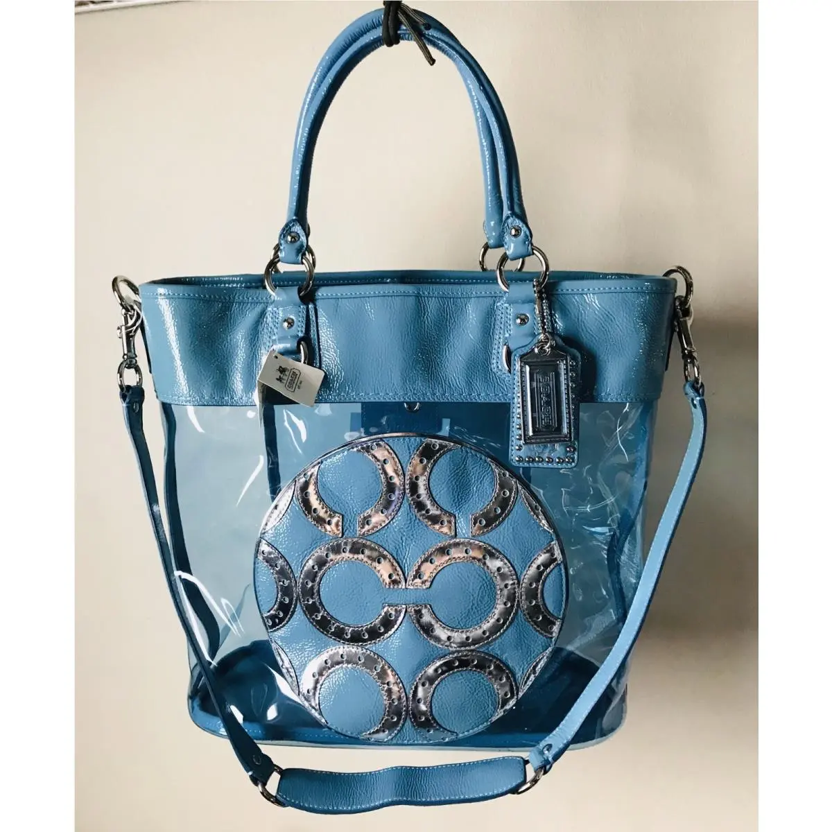 Coach Julia Transparent Clear OP Art Perry Aqua Silver Tote Bag 15021