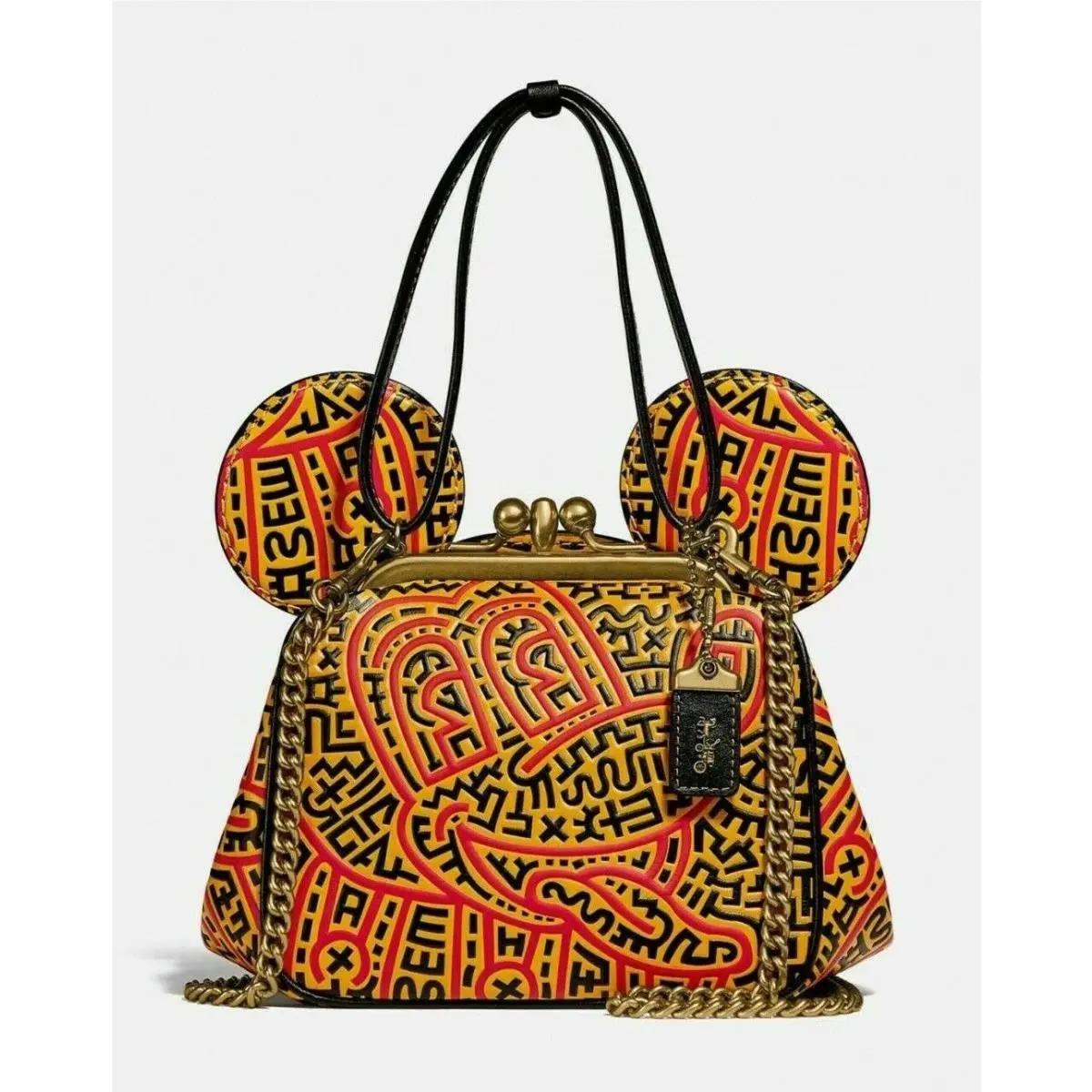 Women Coach Mickey Mouse Keith Haring Yellow Kisslock Crossbody Bag Purse