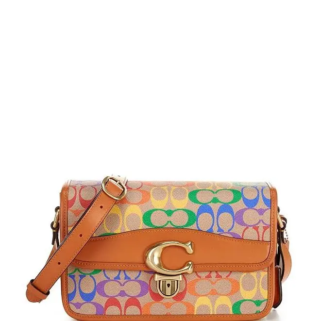 Coach Signature Logo Canvas Shoulder Bag Tan Hazelnut Multi Green Purpl