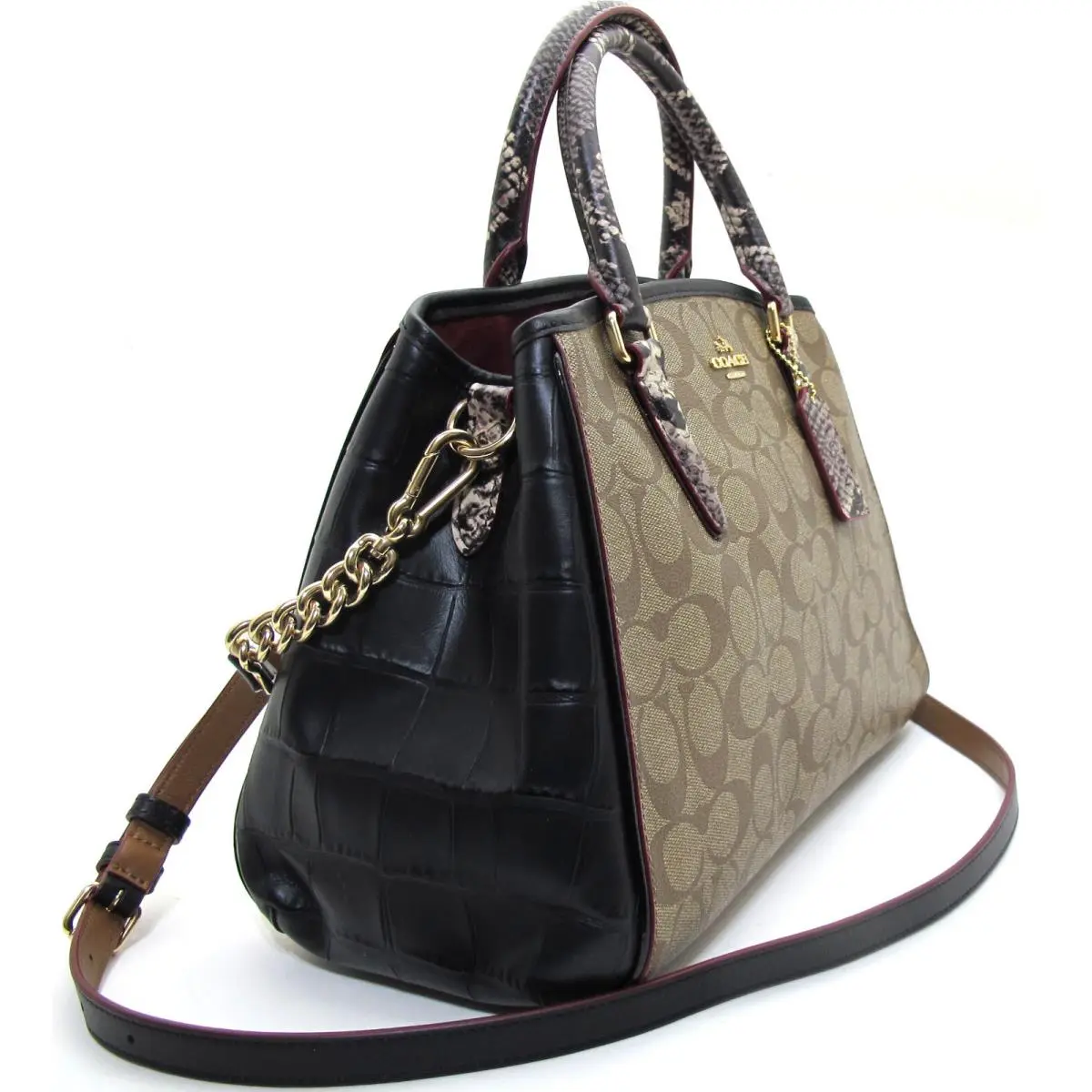 Coach Margot Embossed Snake Leather Signature Satchel Shoulder Khaki/black