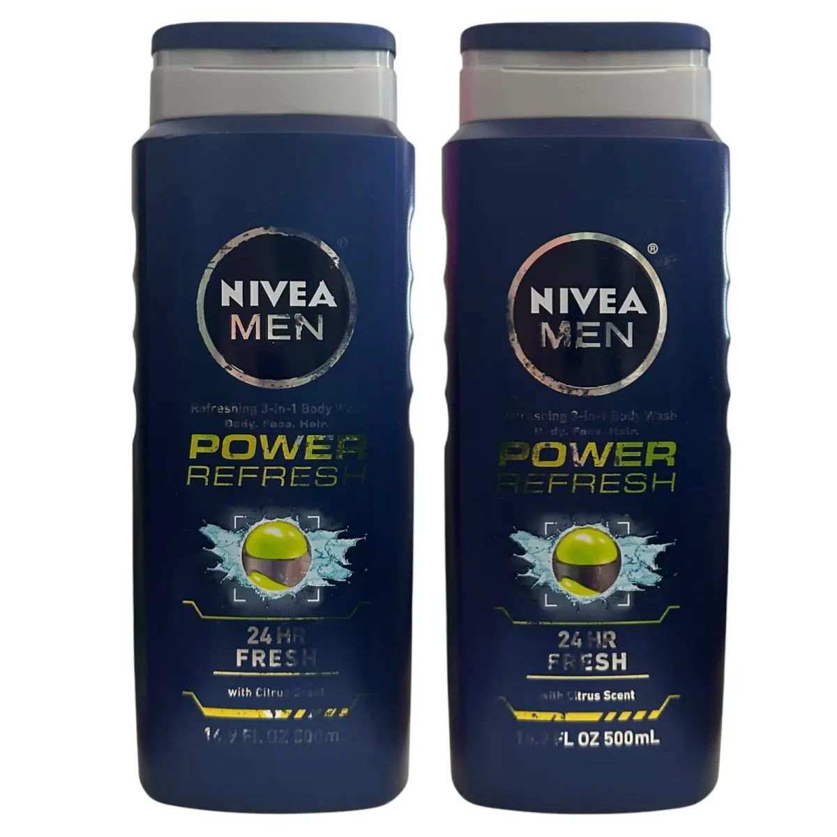 2 Pk Nivea Men Power Refresh Refreshing 3-in-1 Body Wash 24 HR Fresh Citrus Htf