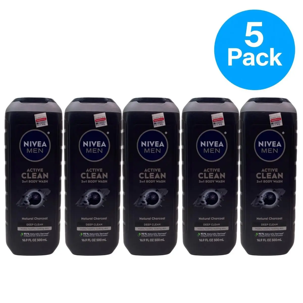 Nivea Men Active Clean 3-in-1 Body Wash Charcoal 16.9 oz 5 Pack
