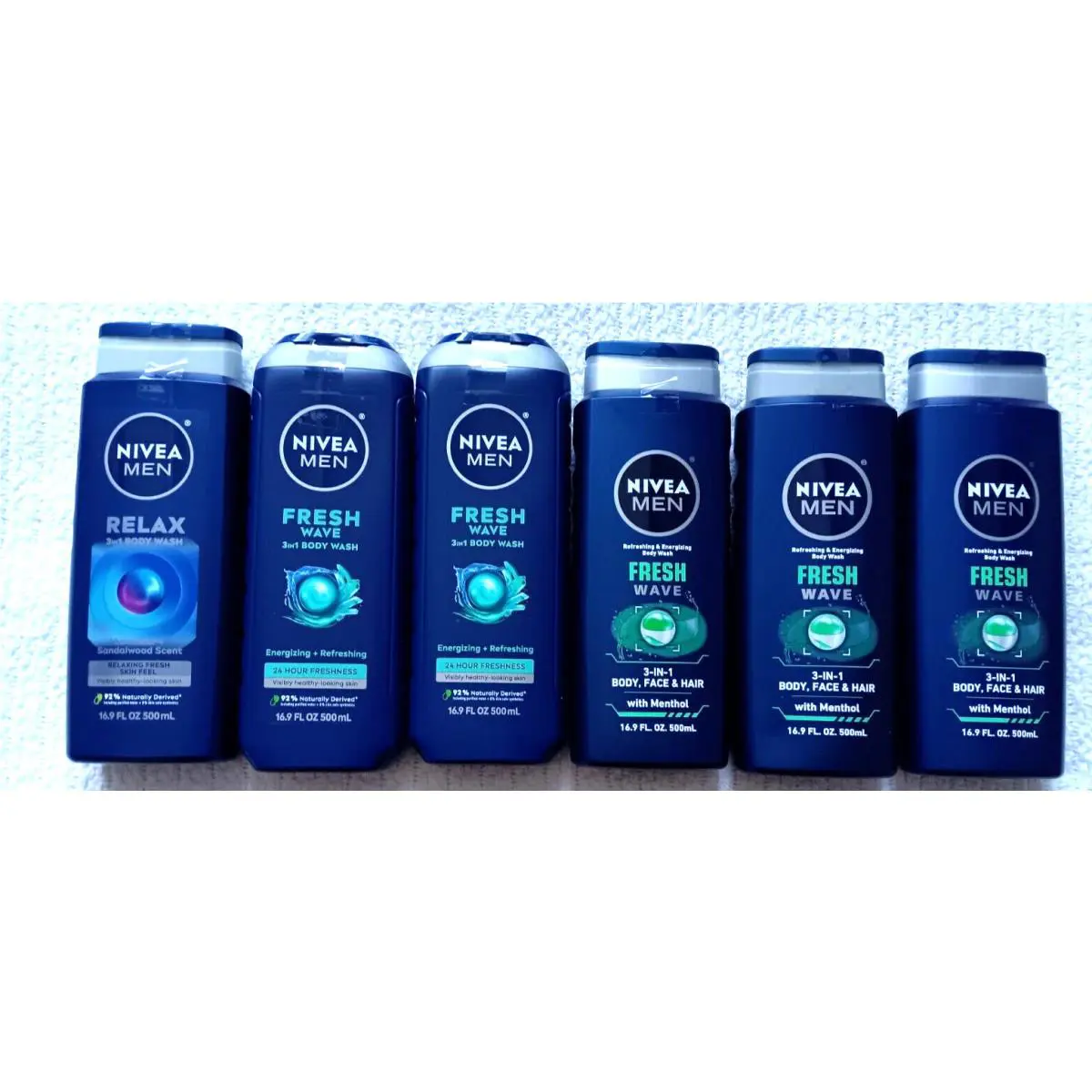 Nivea Men Body Wash Lot of 6 Relax Fresh Wave 3in1 Body Face Hair 16.9 oz