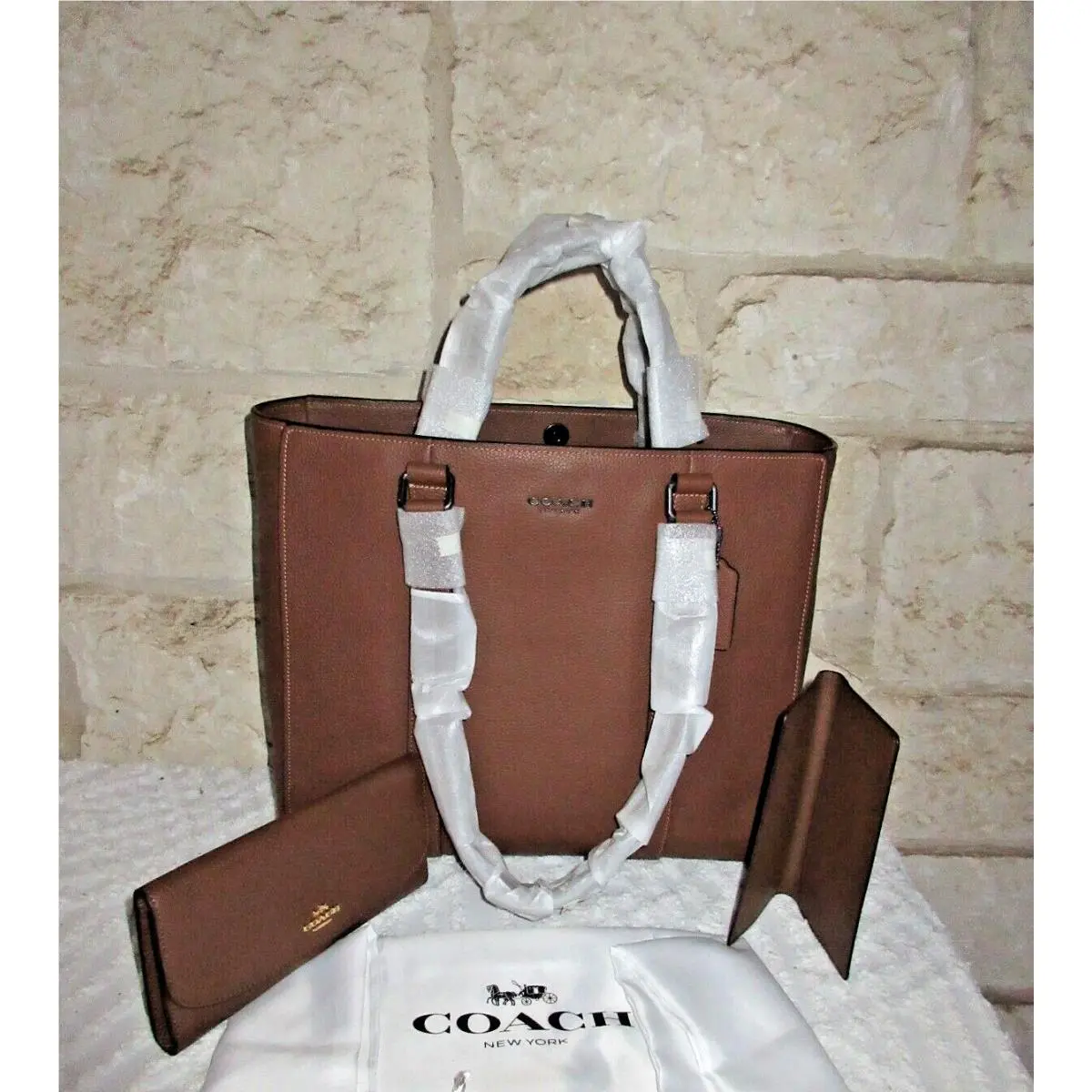 Coach Hudson Leather Double Handle Tote + Wallet Set Brown Dust Bag