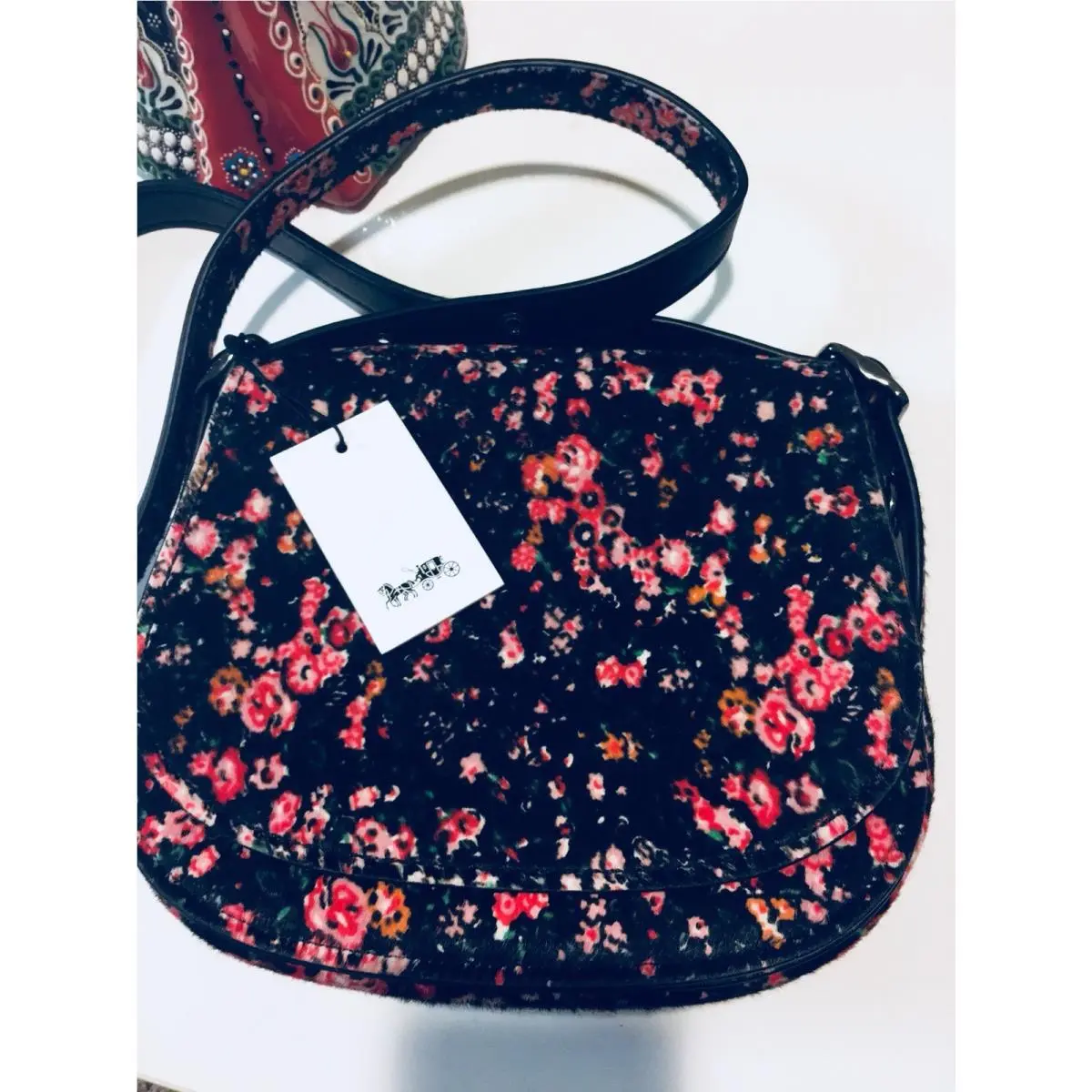 Coach Saddle Bag 23 in Printed Haircalf Mountain Buds Black Pink F38206