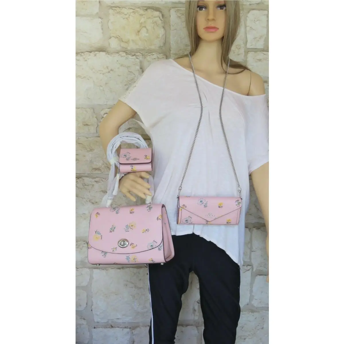 Coach 3-piece Set Tilly Top Pink Dandelion Floral Bag +wallet + Chain Crossbody